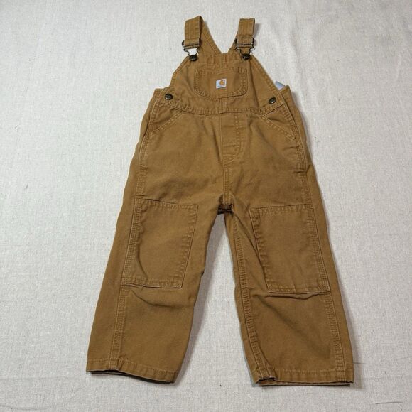 Carhartt Bibs Double Knee Overalls Toddler Kids Brown Canvas Hunting Duck sz 2T - Picture 1 of 5